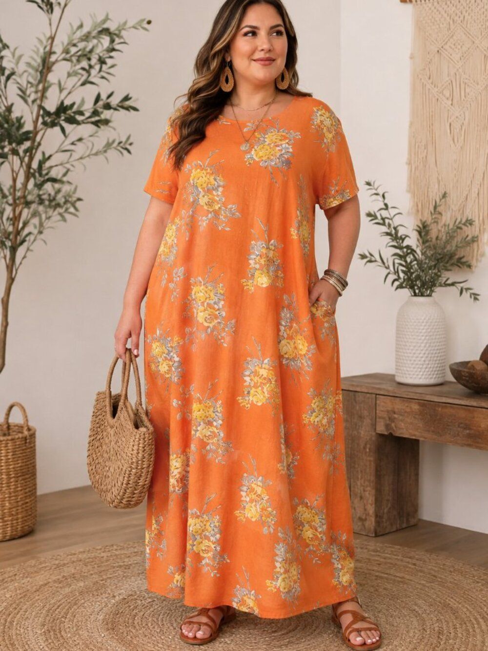 Adolfo Studio Plus Size 22WP Linen Rayon Floral Orange Boho Maxi Dress Cottage